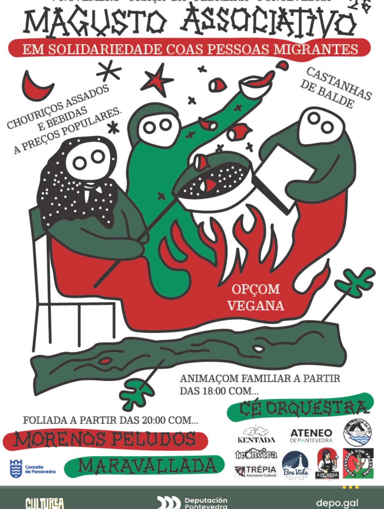 Cartel do Magosto unitario e solidario en solidariedade coas persoas migrantes: 7 de novembro na Praza da Pedreira, con Cé Orquestra, Morenos Peludos e Maravallada