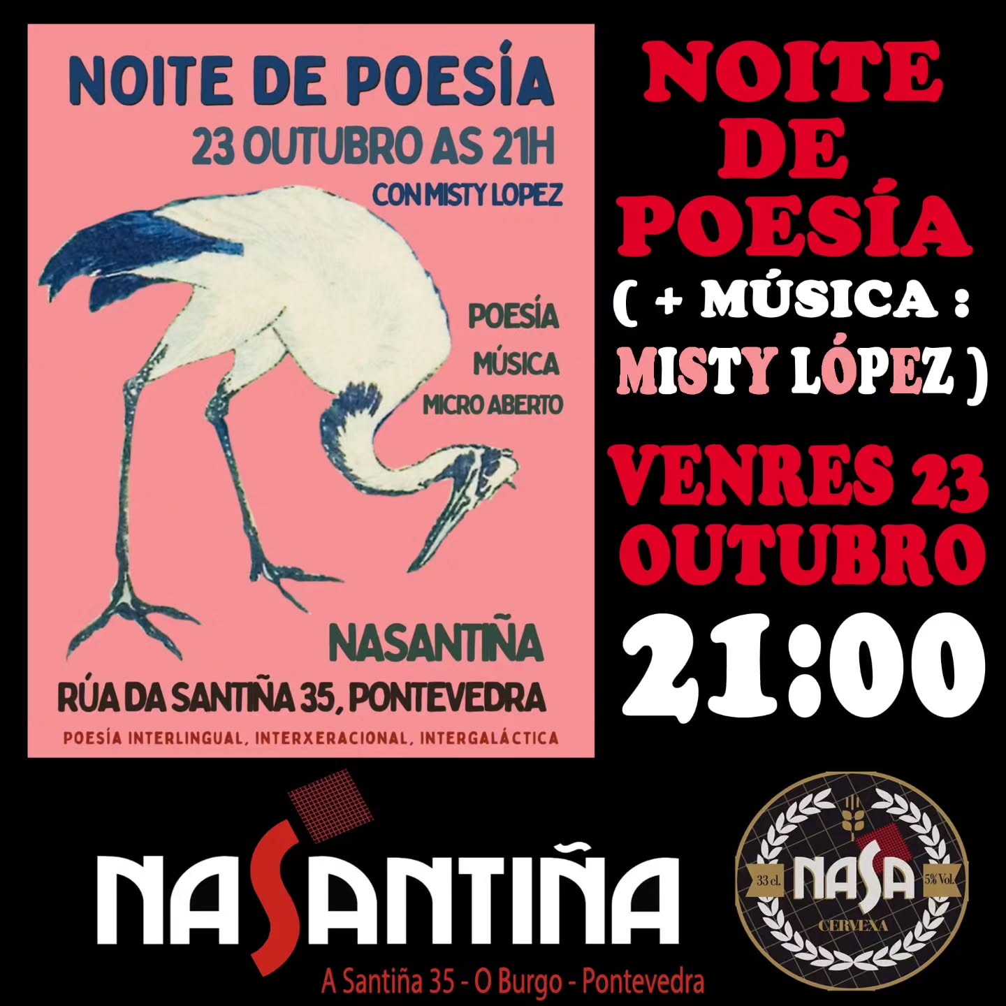 Cartel de la Noite de Poesía con Misty López en NaSantiña (Imagen: NaSantiña)