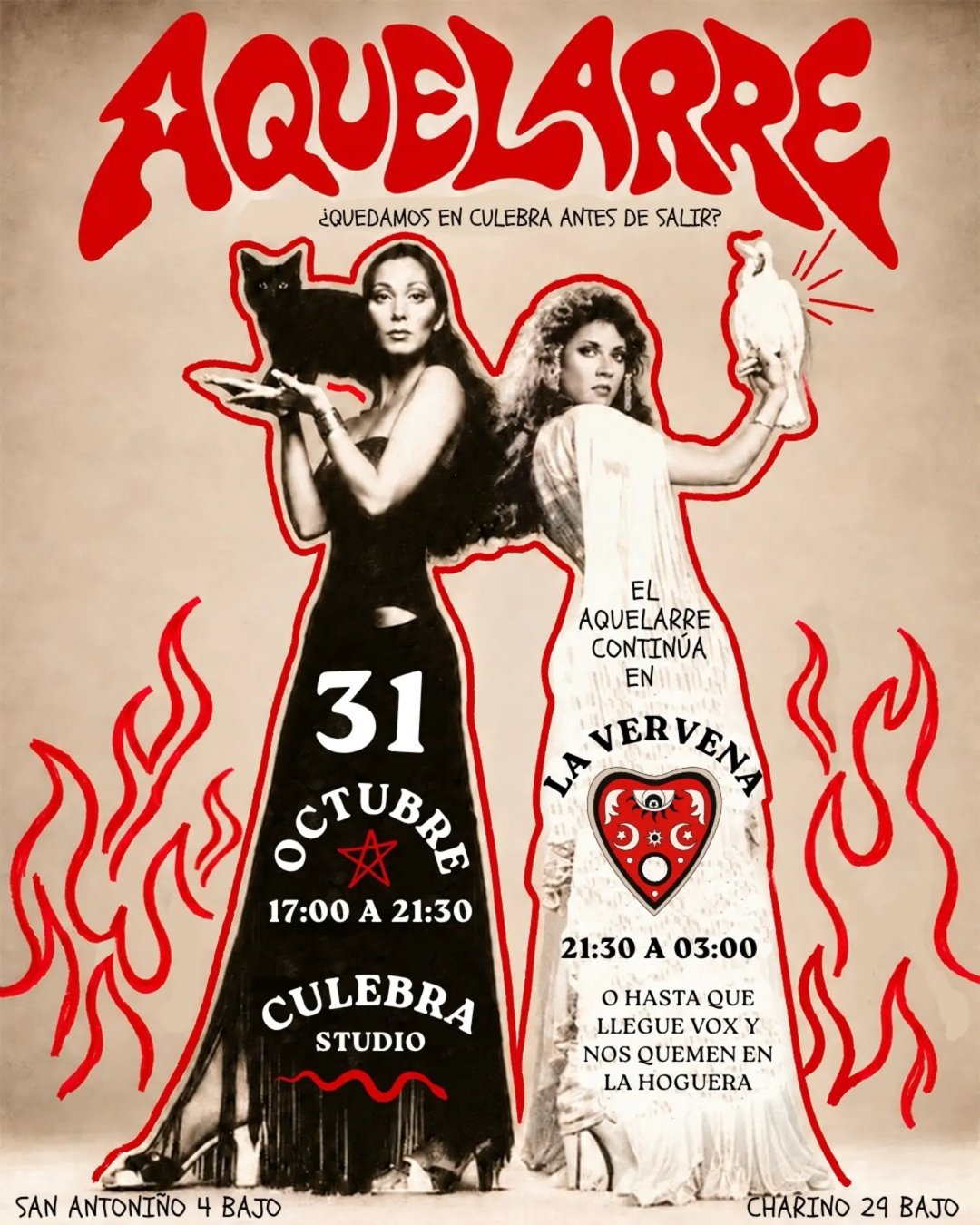 Cartel Aquelarre: 31 de octubre, Culebra Studio 17:00 a 21:30 y La Verbena 21:30 a 03:00