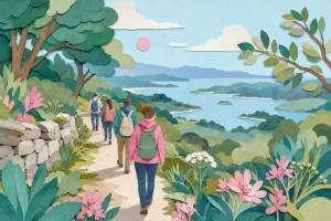 Ilustración de un grupo de personas caminando por un sendero en un paisaje natural con árboles y flores.