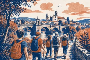 Imagen de ambiente mostrando a un grupo de personas caminando junto a un río con un puente y una iglesia al fondo en Pontevedra.