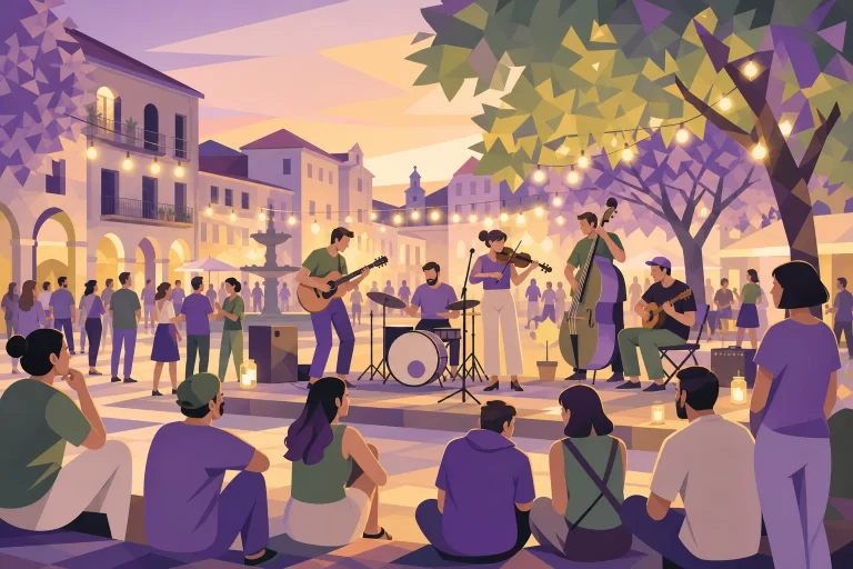 Ilustración de un ambiente musical al aire libre con varios músicos tocando instrumentos y público disfrutando del espectáculo.