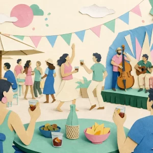 Ilustración que muestra un ambiente festivo al aire libre con personas disfrutando de bebidas y música en un escenario.