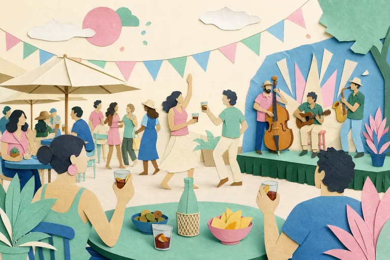 Ilustración que muestra un ambiente festivo al aire libre con personas disfrutando de bebidas y música en un escenario.