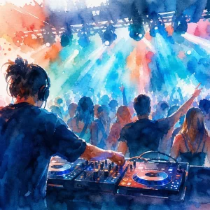 Imagen de ambiente de un DJ actuando en un evento con luces y una multitud animada.