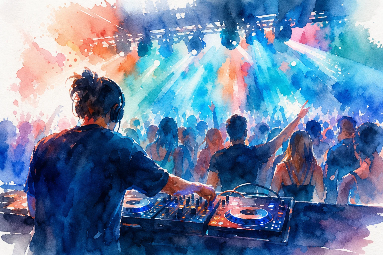 Imagen de ambiente de un DJ actuando en un evento con luces y una multitud animada.