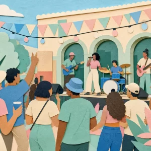 Ilustración de un concierto al aire libre con un grupo musical y espectadores disfrutando de la música.