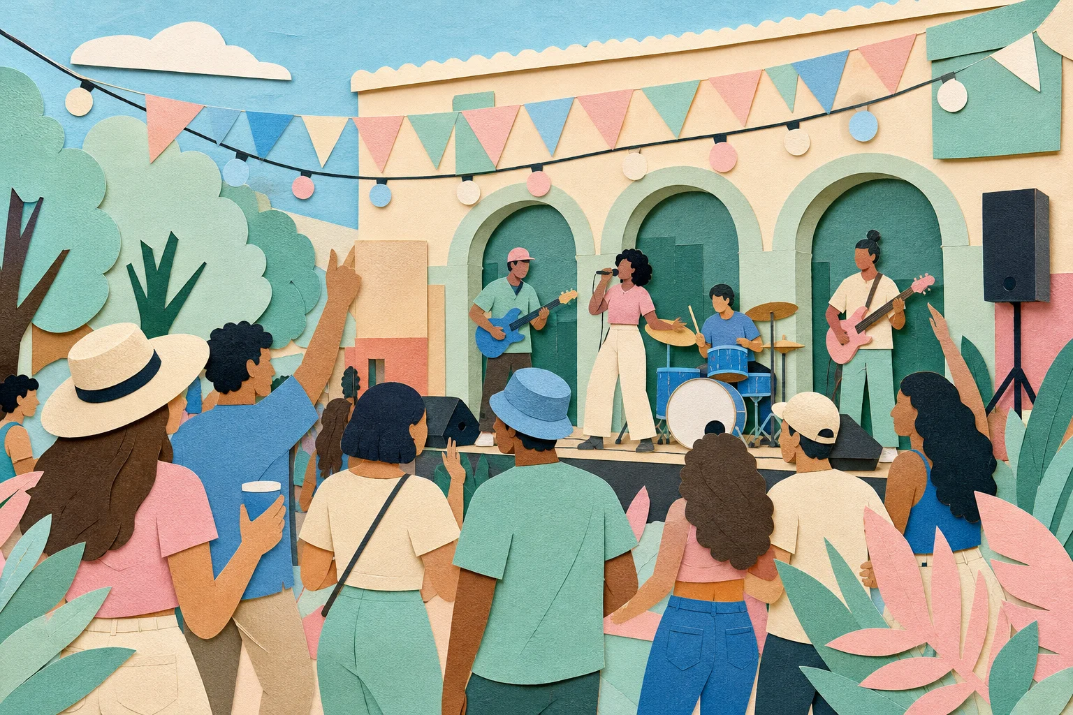 Ilustración de un concierto al aire libre con un grupo musical y espectadores disfrutando de la música.