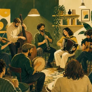 Ilustración de una jam session con músicos tocando instrumentos en un ambiente acogedor.