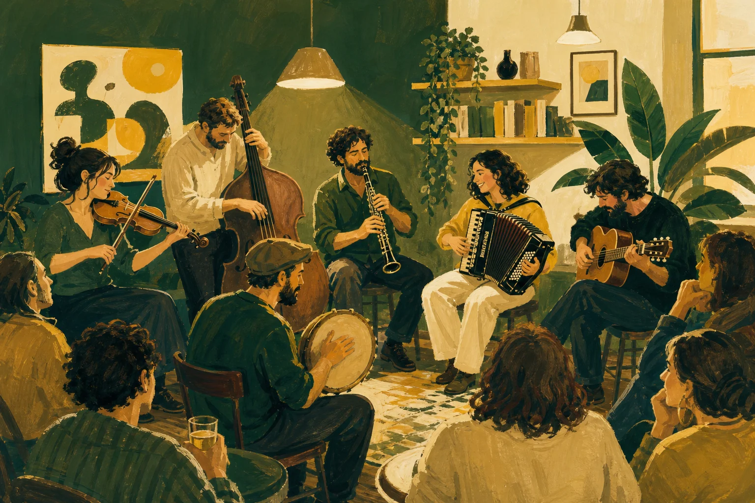 Ilustración de una jam session con músicos tocando instrumentos en un ambiente acogedor.