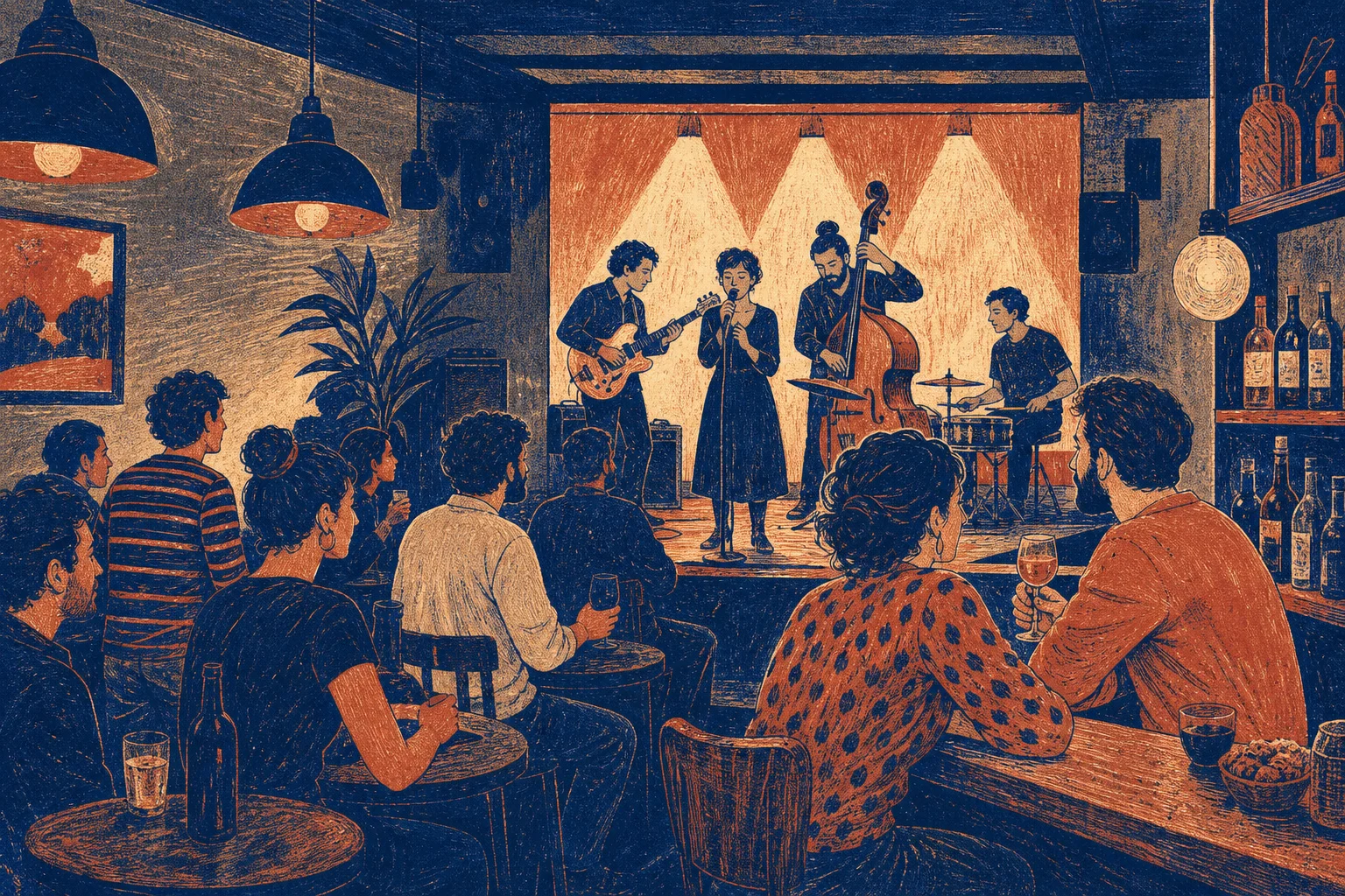 Imagen de ambiente de un concierto en un local con músicos actuando y público disfrutando.